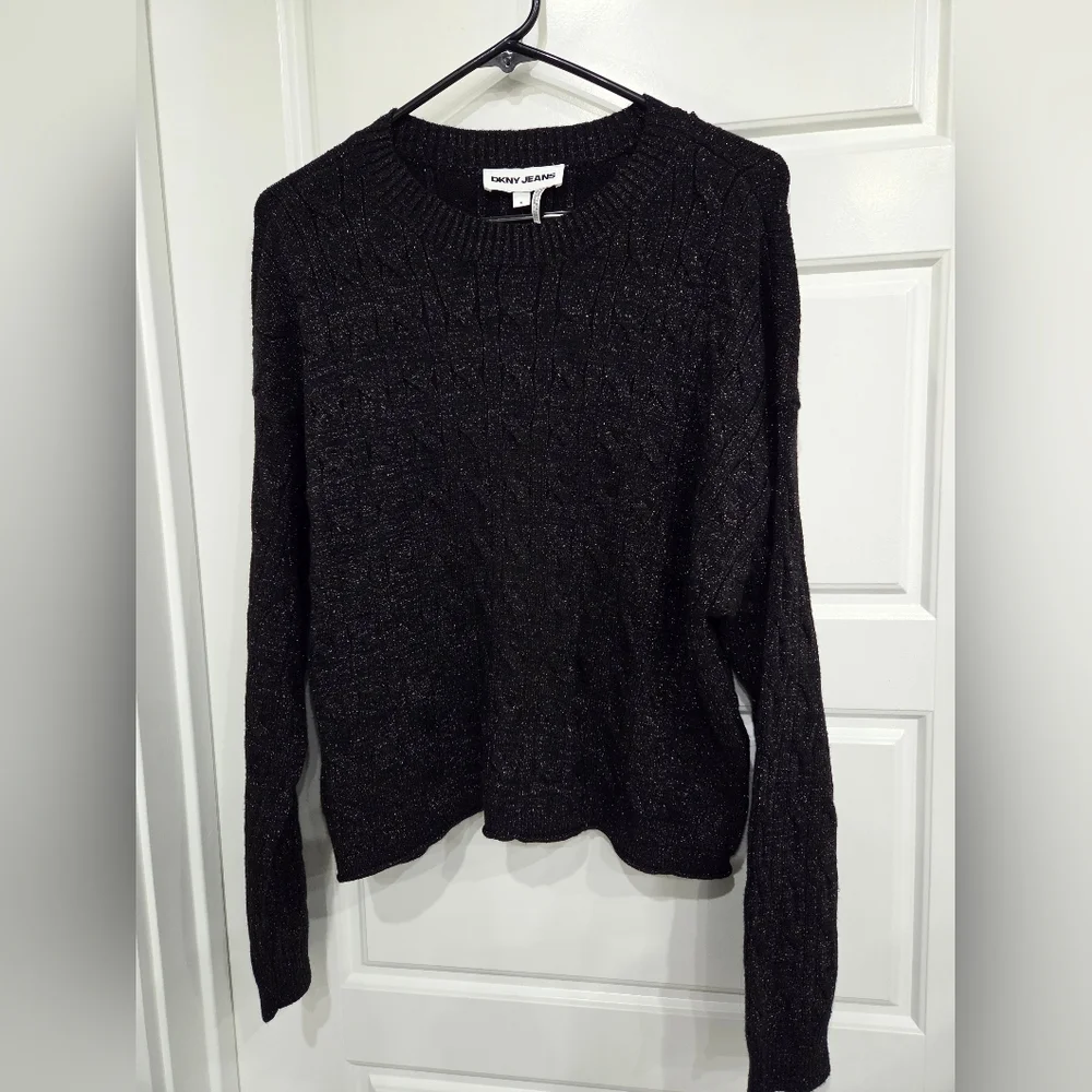DKNY JEANS WOMEN'S BLACK METALLIC CABLE KNIT SWEATER SIZE MEDIUM NWT